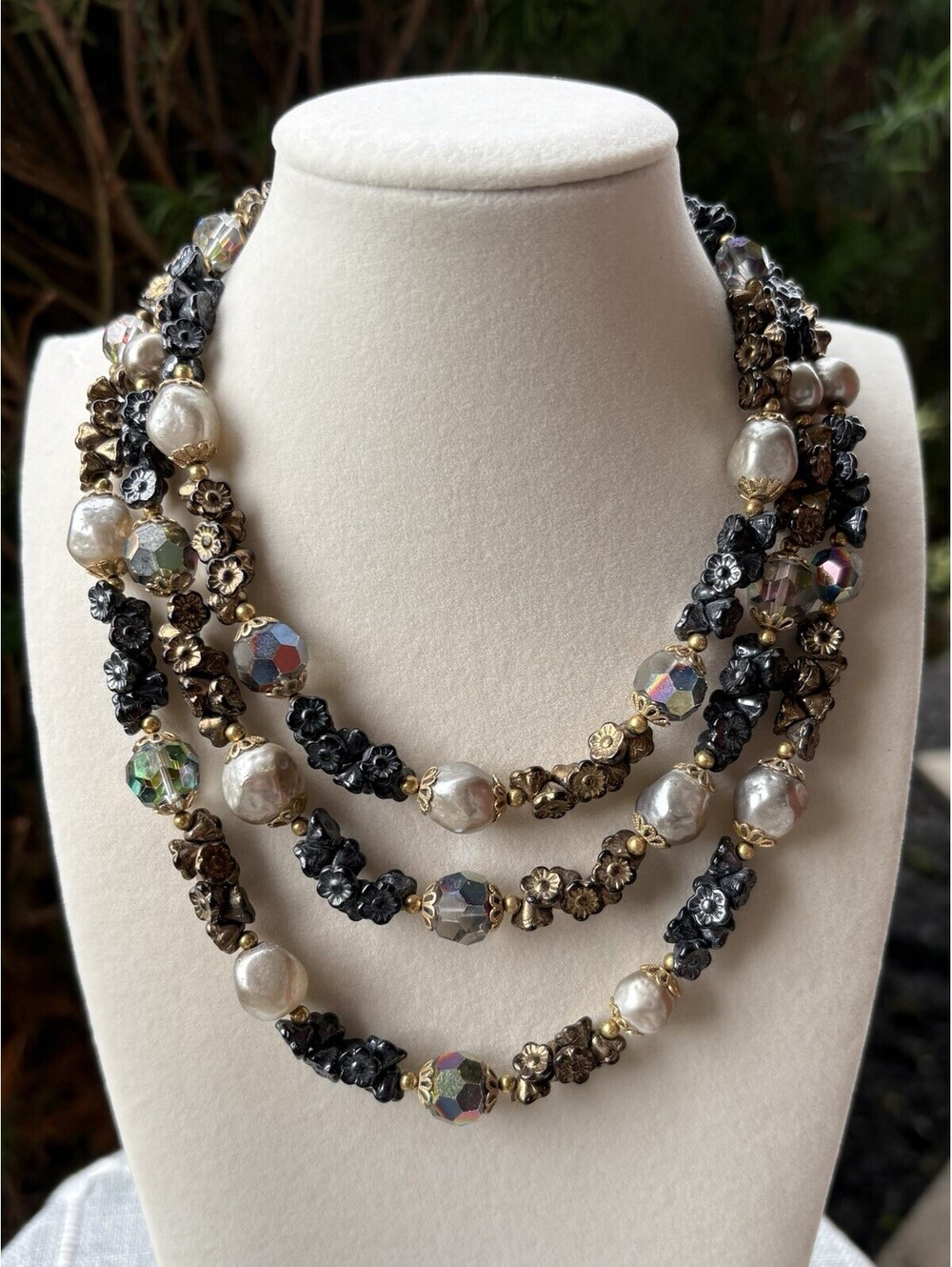 Vendome Vintage 3 Strand Faux Baroque Pearl AB Crystal Floral Bead Necklace